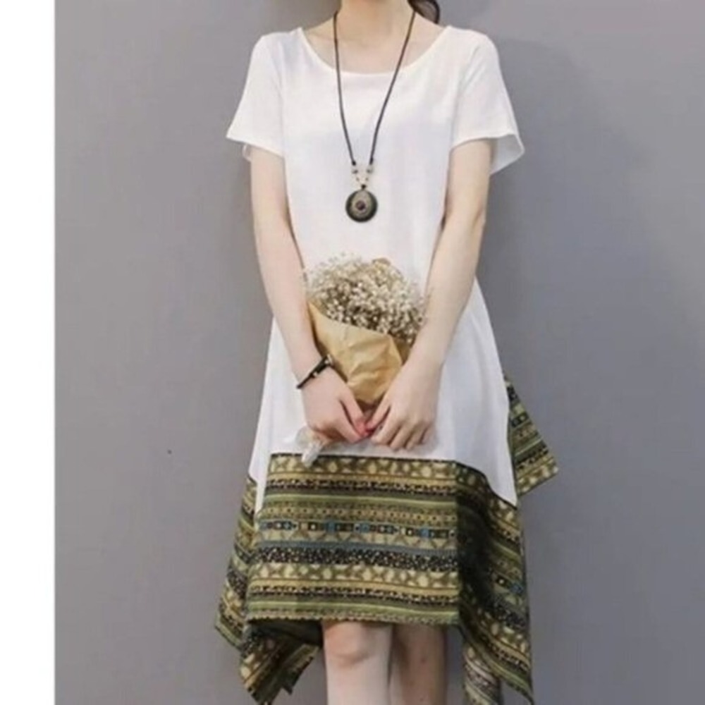 Minibee Tunic Dress Womens White Linen Cotton Blend Boho Handkerchief Hem